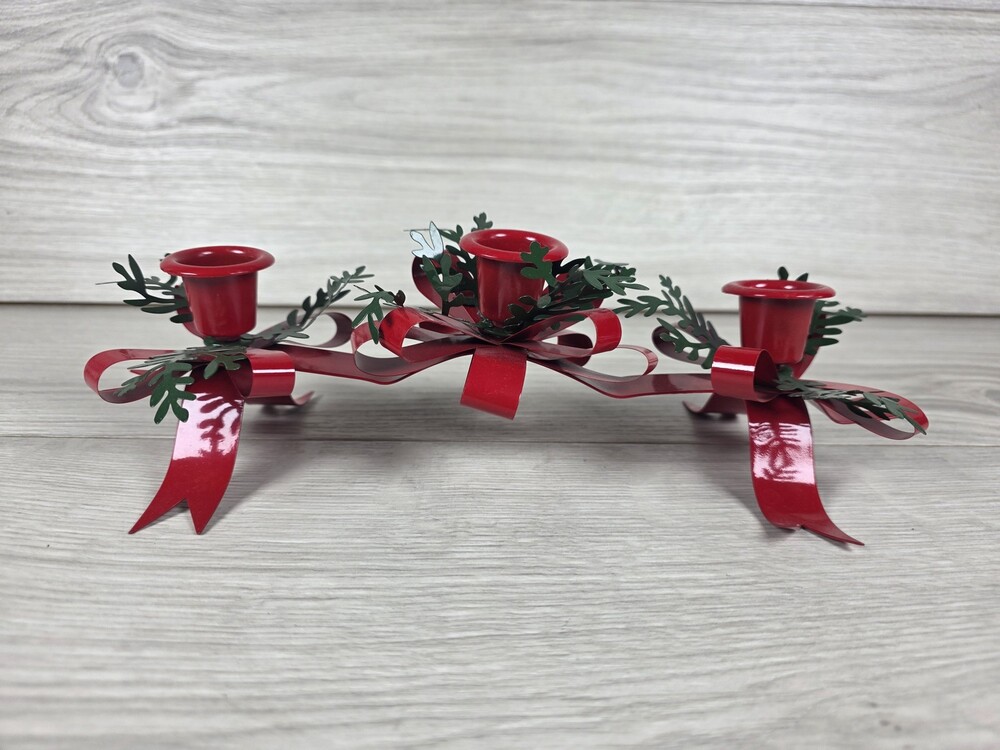Metal Red Green Painted Metal Holiday Candle Holder w Bow and Leaf Christmas 195